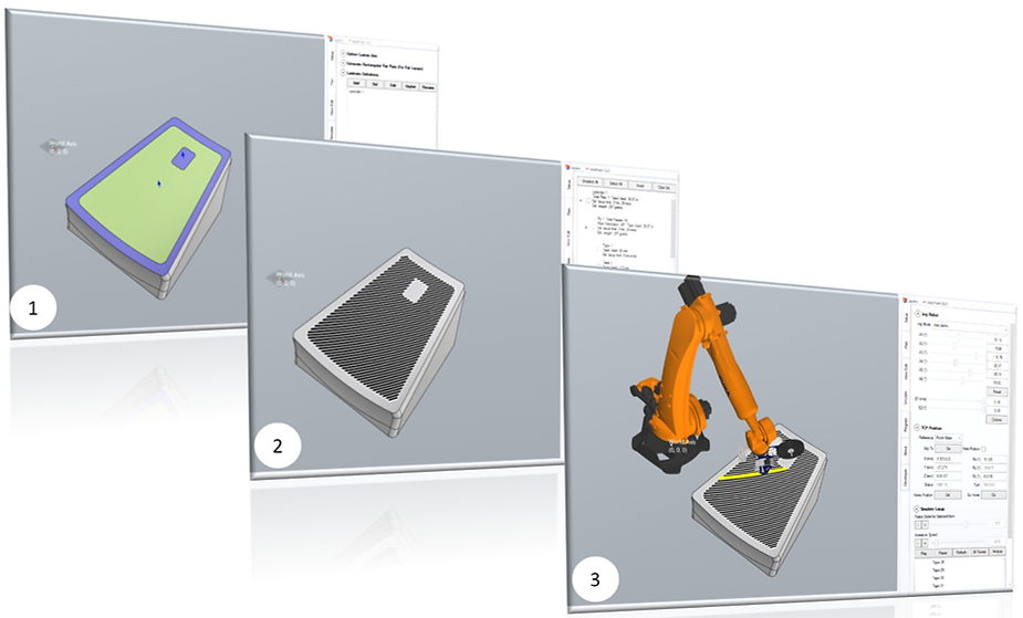 Three stages of the same job in AddPath: surface and boundary defined on the part, courses generated at the specified angle, then the whole run simulated with head and robot.