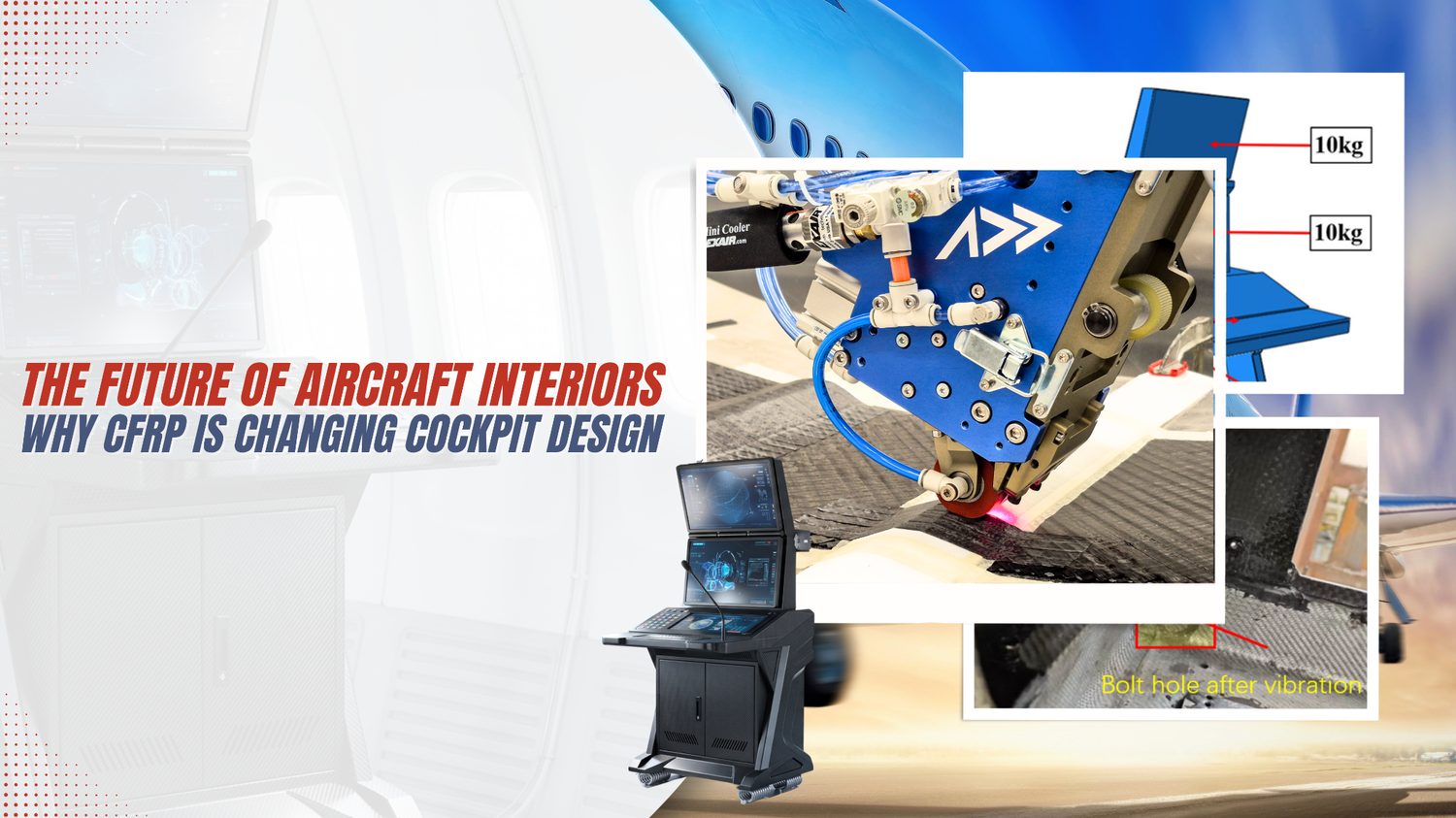 The future of aircraft interiors: why CFRP is changing cockpit design. A carbon fibre reinforced polymer display and control console replacing bent aluminium sheet.