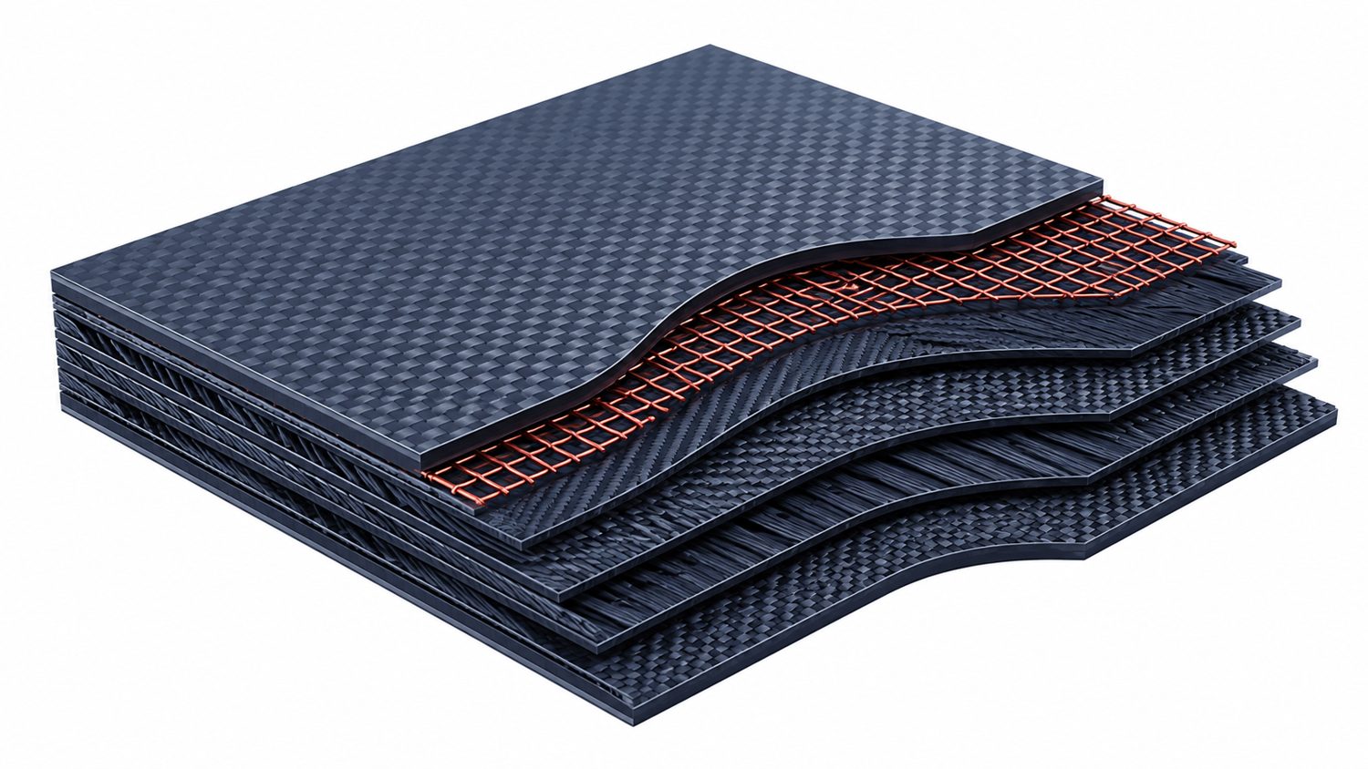 Conceptual cutaway of a carbon-fibre laminate with a copper conductive grid integrated between the plies.