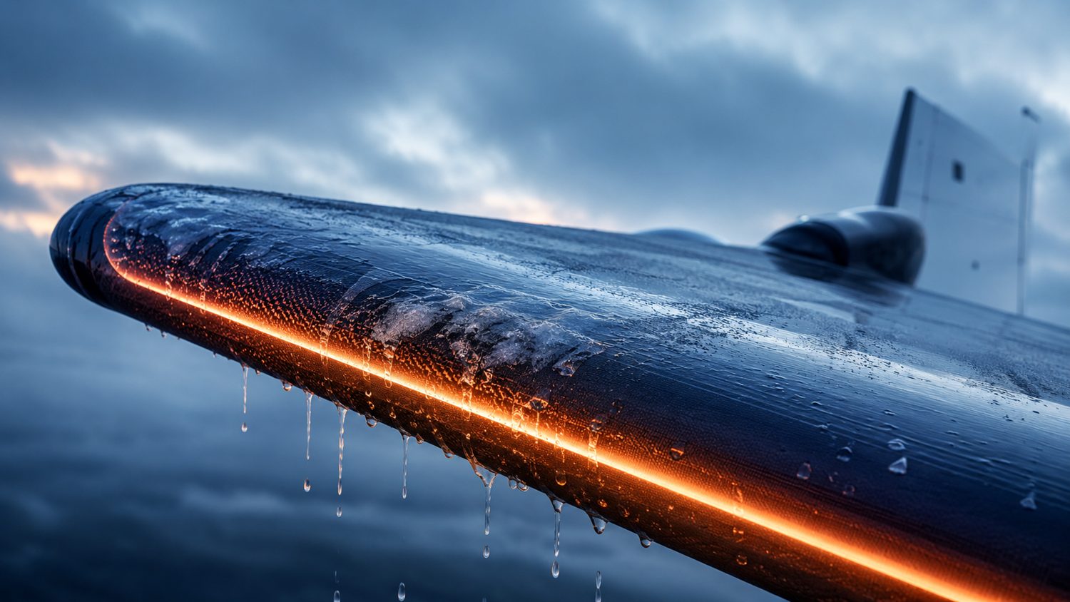 The leading edge of a composite wing glowing with an embedded electrothermal heating layer, melting ice.