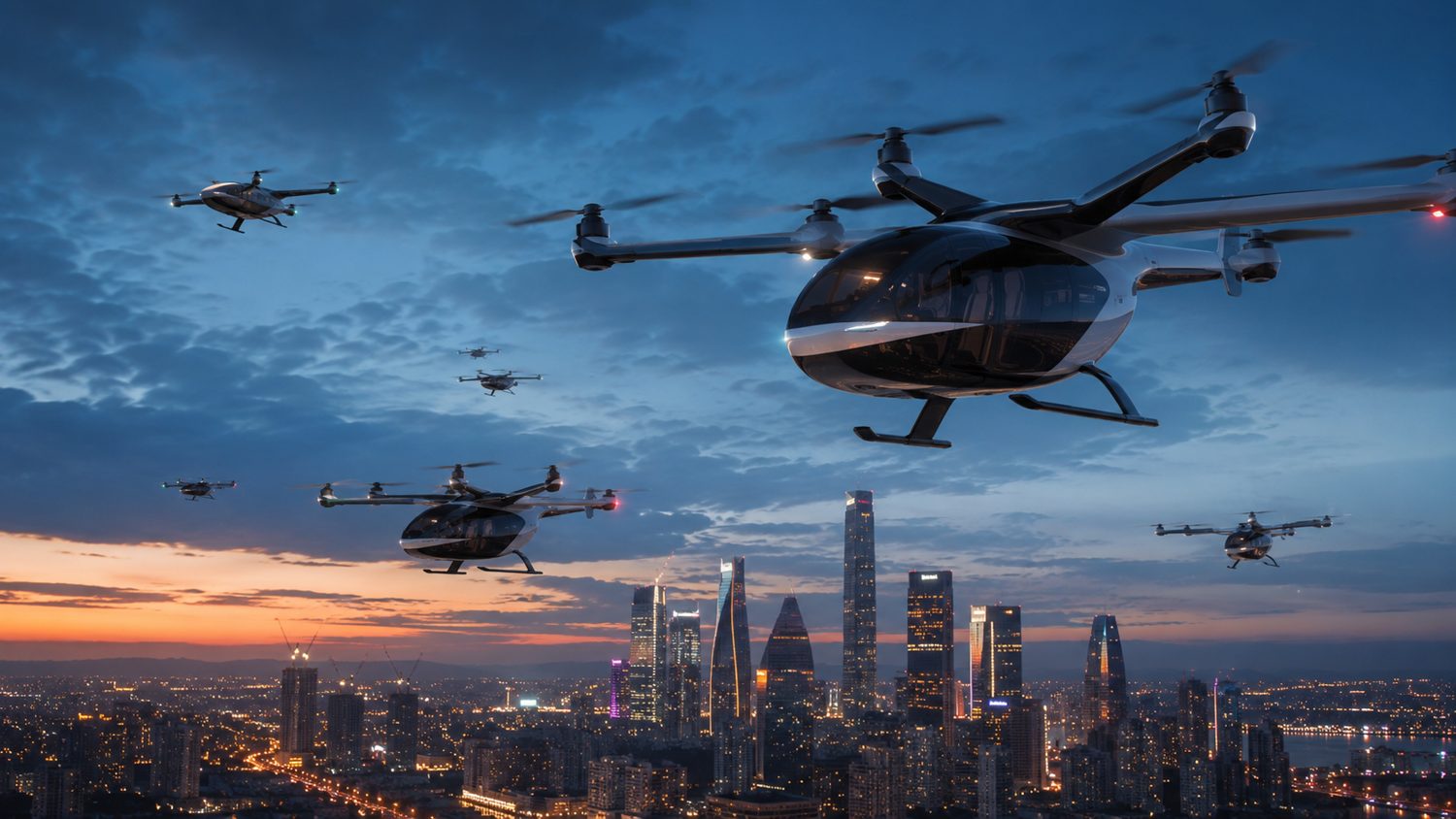 A fleet of eVTOL air taxis flying over a city skyline at dusk.