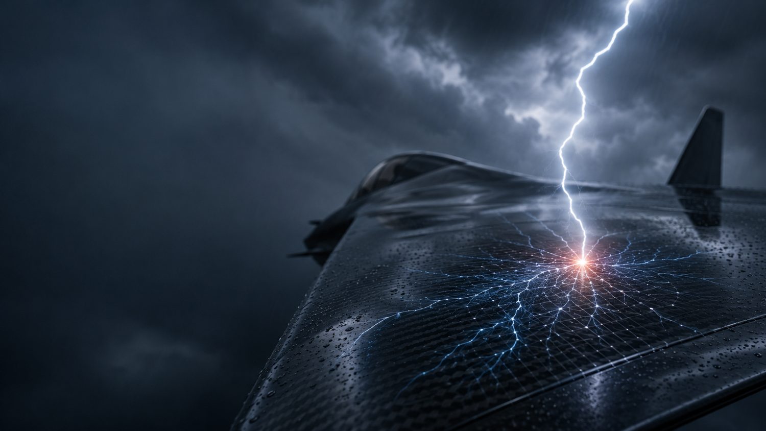 Lightning striking the upper skin of a composite aircraft, with a conductive grid layer dispersing the strike current across the surface.