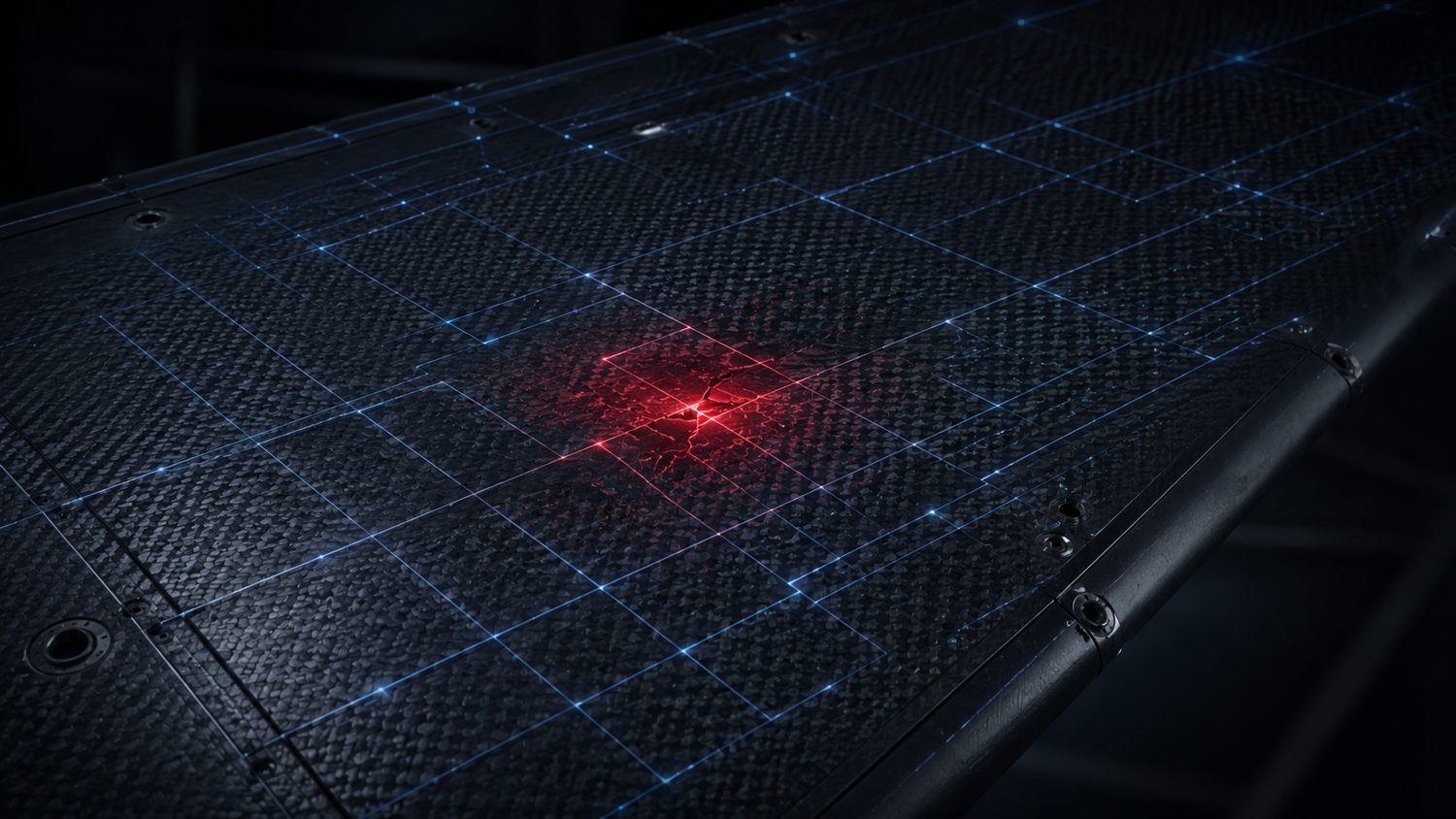 A conductive sensing grid across a carbon-fibre panel, with one region highlighted in red where damage is detected.