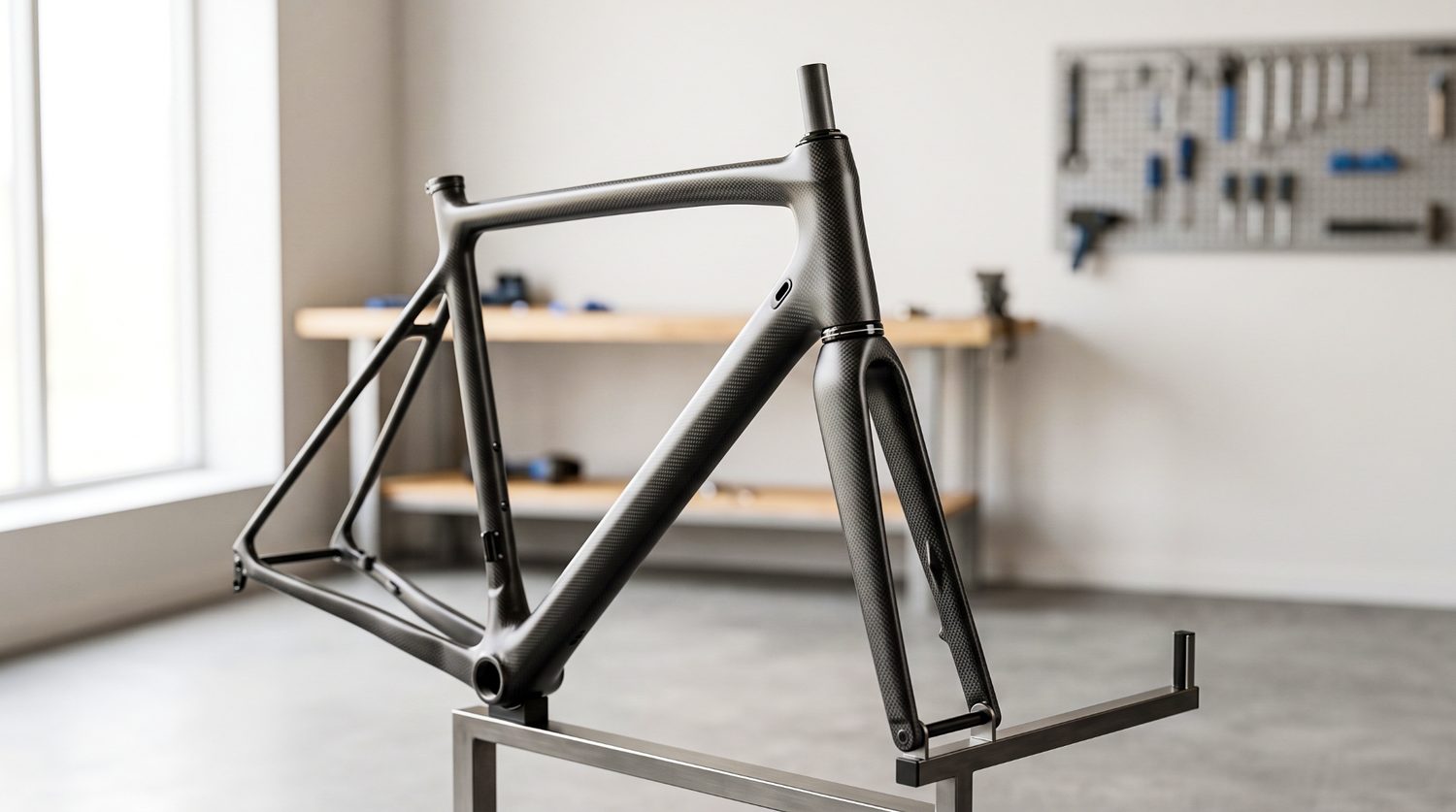 Carbon composite bicycle frame, front triangle detail, showing the head tube joints where the top tube and down tube meet.