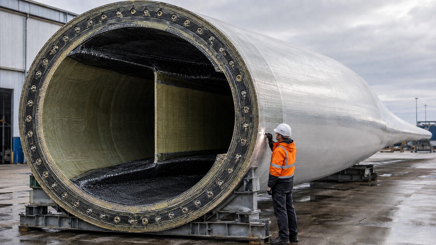 Composite blade root section under inspection, showing the embedded root-stud ring, spar caps, and central shear web that carry the blade's bending loads.