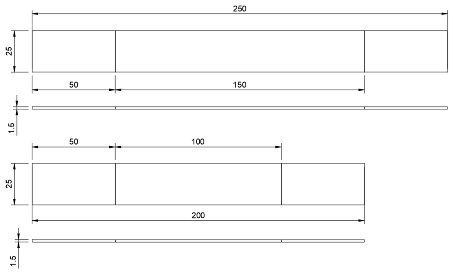 Dimensioned drawings of the unidirectional and twill tensile coupon geometries.