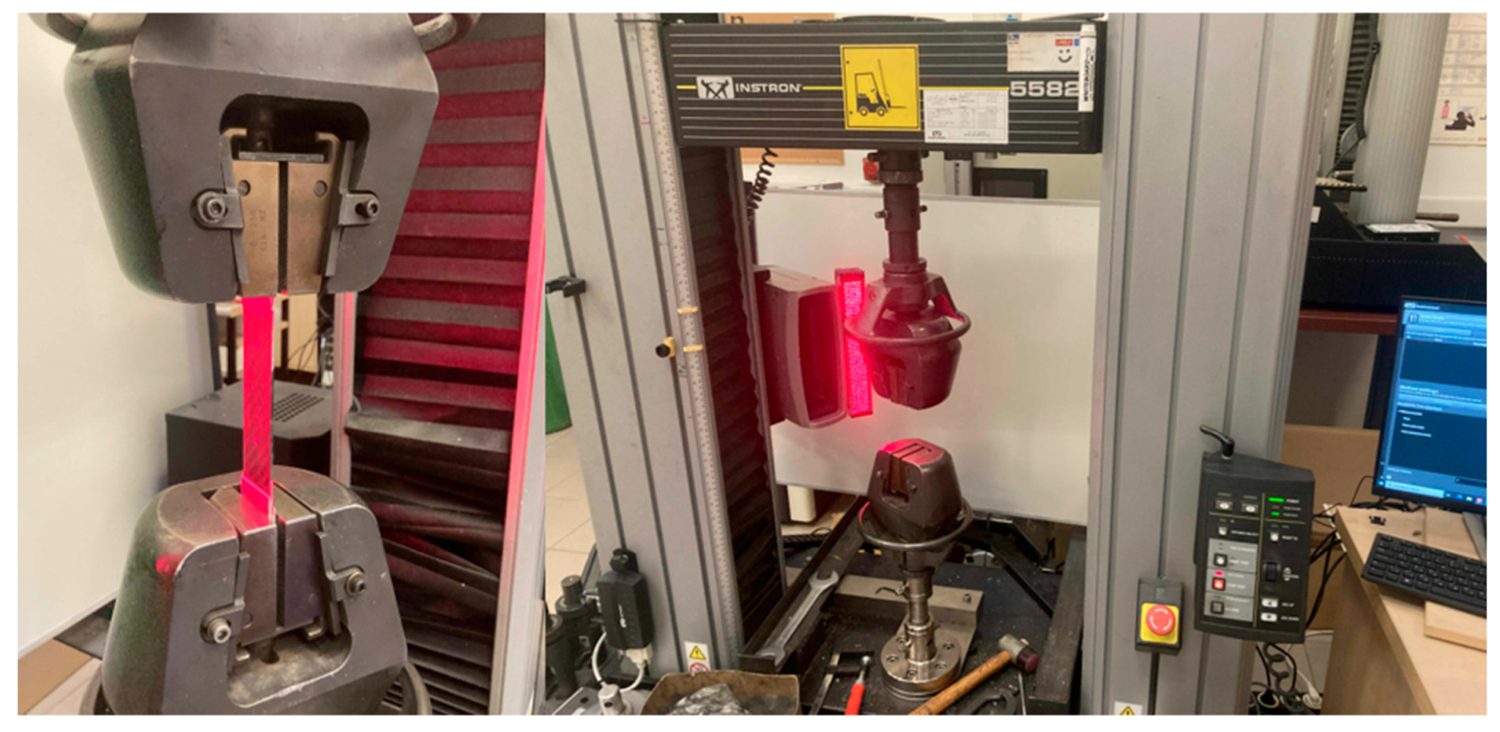 Red-framed universal tensile testing machine gripping a flat carbon coupon.