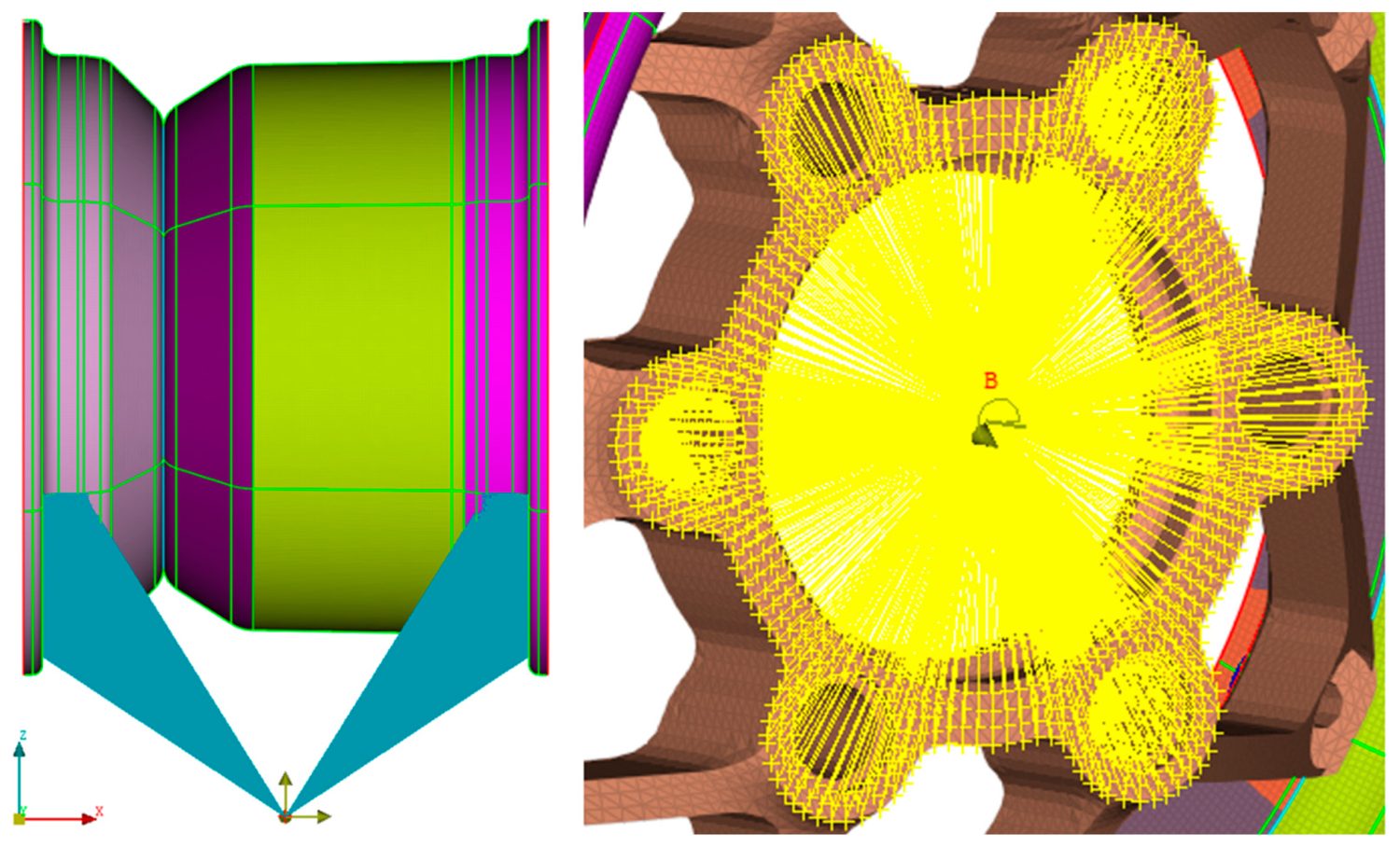 Two FEM views of the wheel load setup: contact-patch forces and drive-torque coupling.