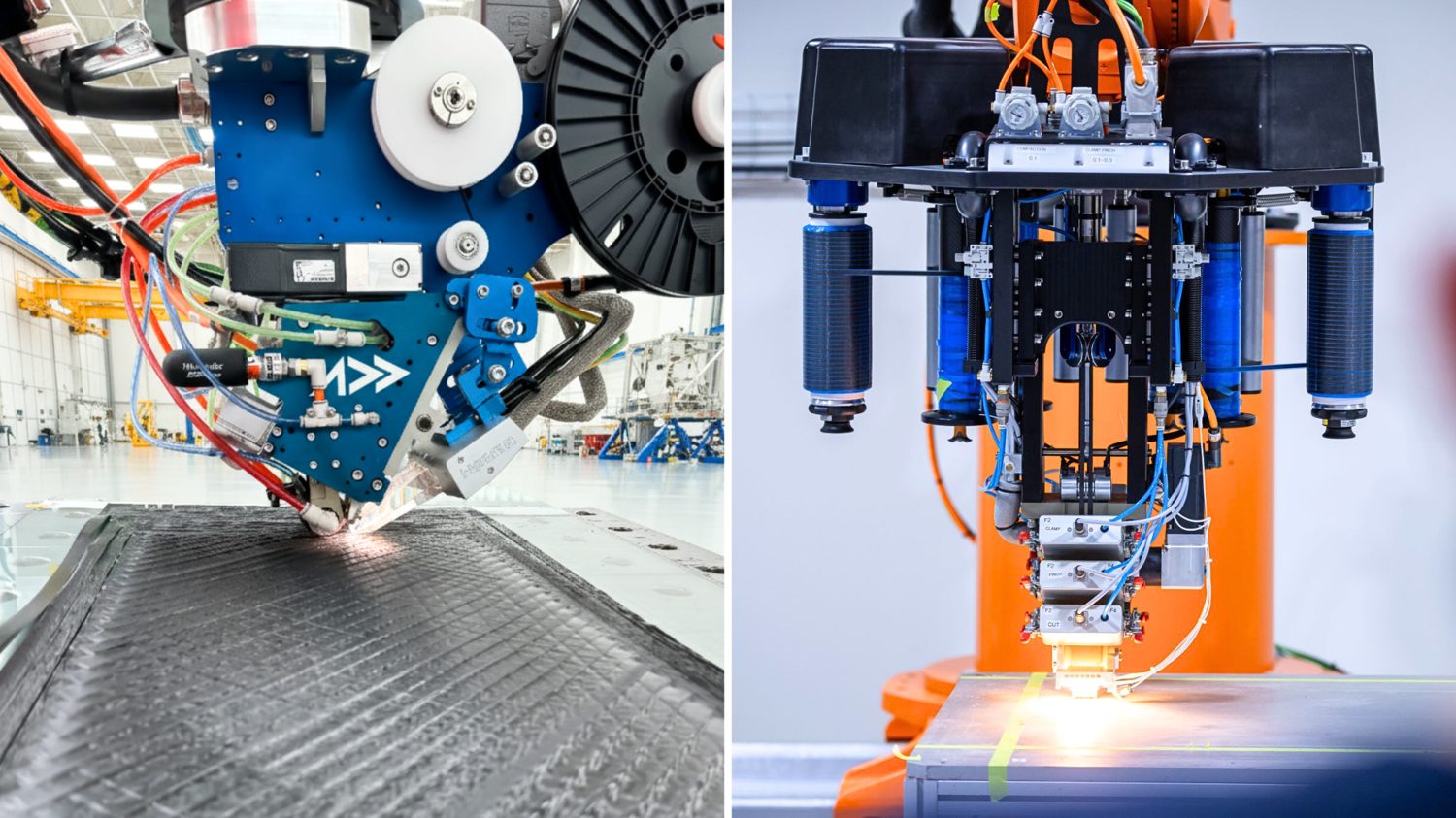 Left: the AFP-XS, a compact single-tow head. Right: the AFP-X, a four-tow head for higher throughput.