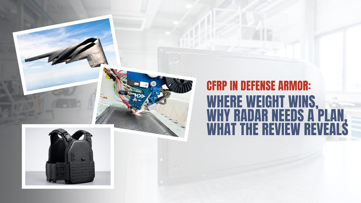 CFRP in defense armor: where weight wins, why radar needs a plan, what the review reveals. A B-2 stealth bomber, an Addcomposites AFP-XS toolhead placing carbon-fiber tow, and a tactical plate carrier.