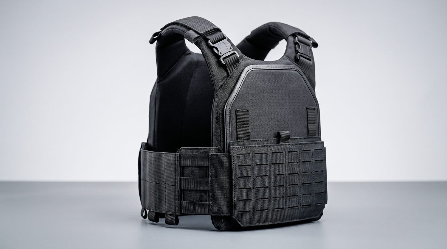 A modern composite plate carrier, a multi-material stack of ceramic strike face and aramid or polyethylene backing layers.
