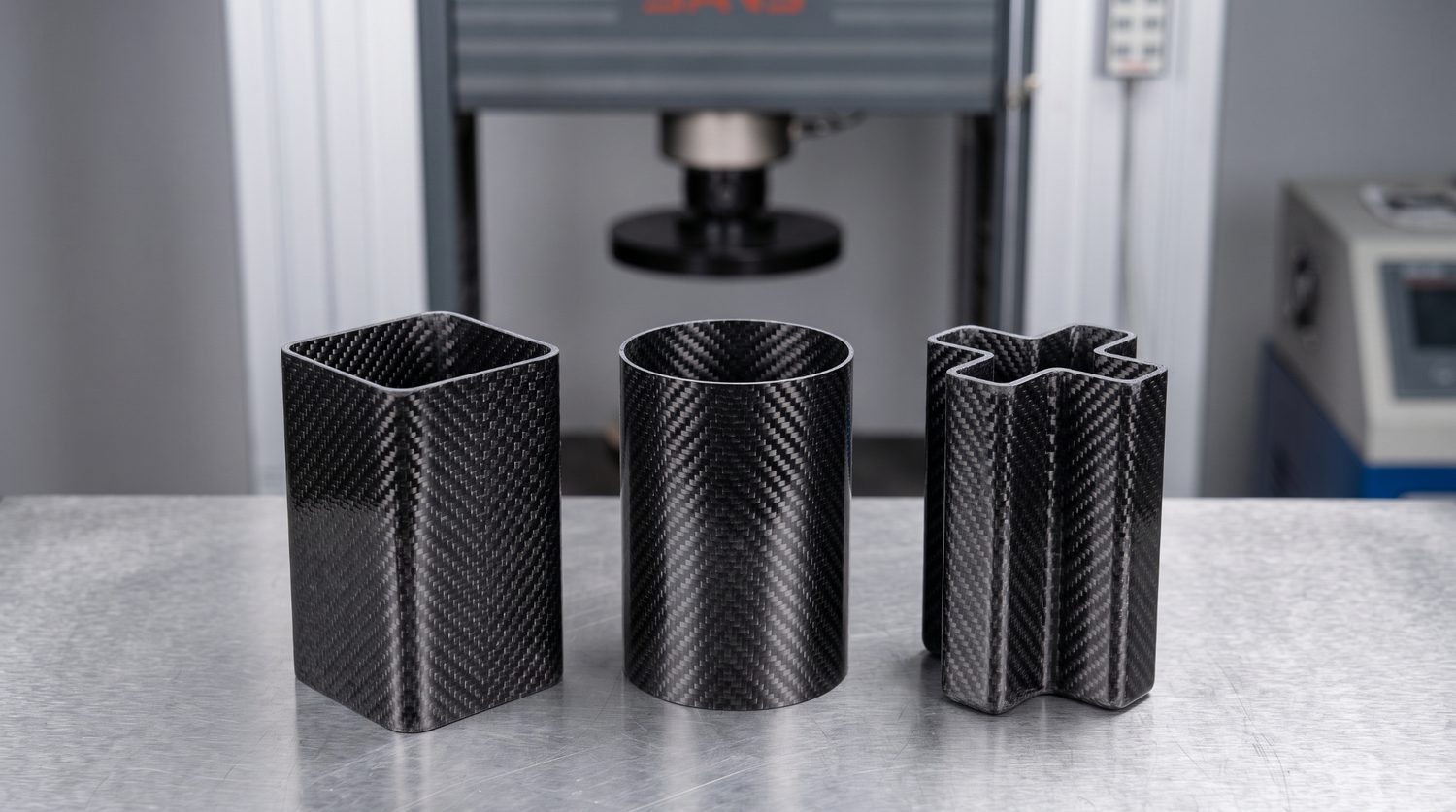Square, circular, and crisscross CFRP tube specimens staged for axial crush testing, where cross-sectional shape is the central variable. Illustrative render, not the paper's specimens.