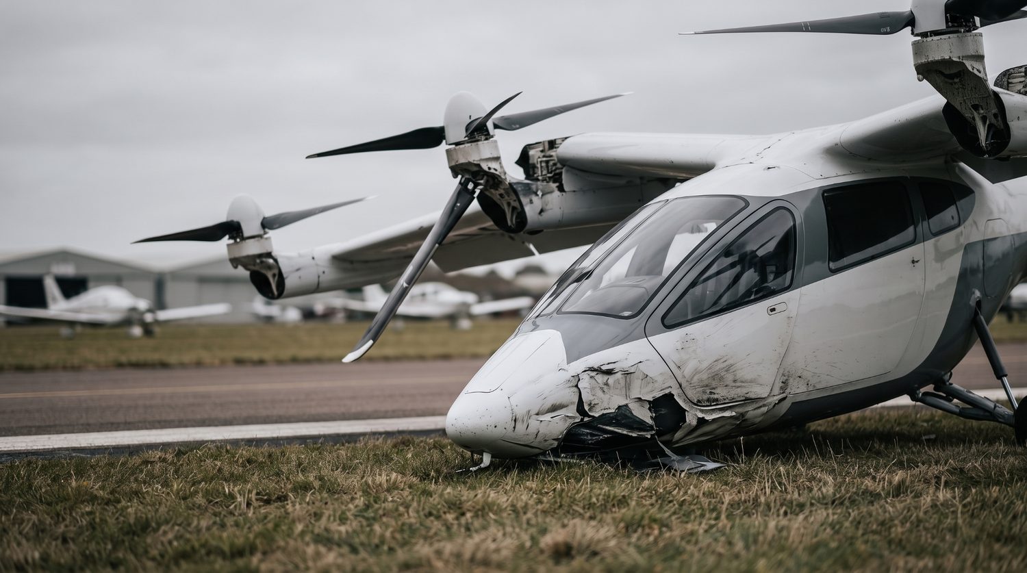 An eVTOL after an off-axis landing, damage concentrated on the underfloor region that must absorb the impact. Illustrative render, not an actual crash.