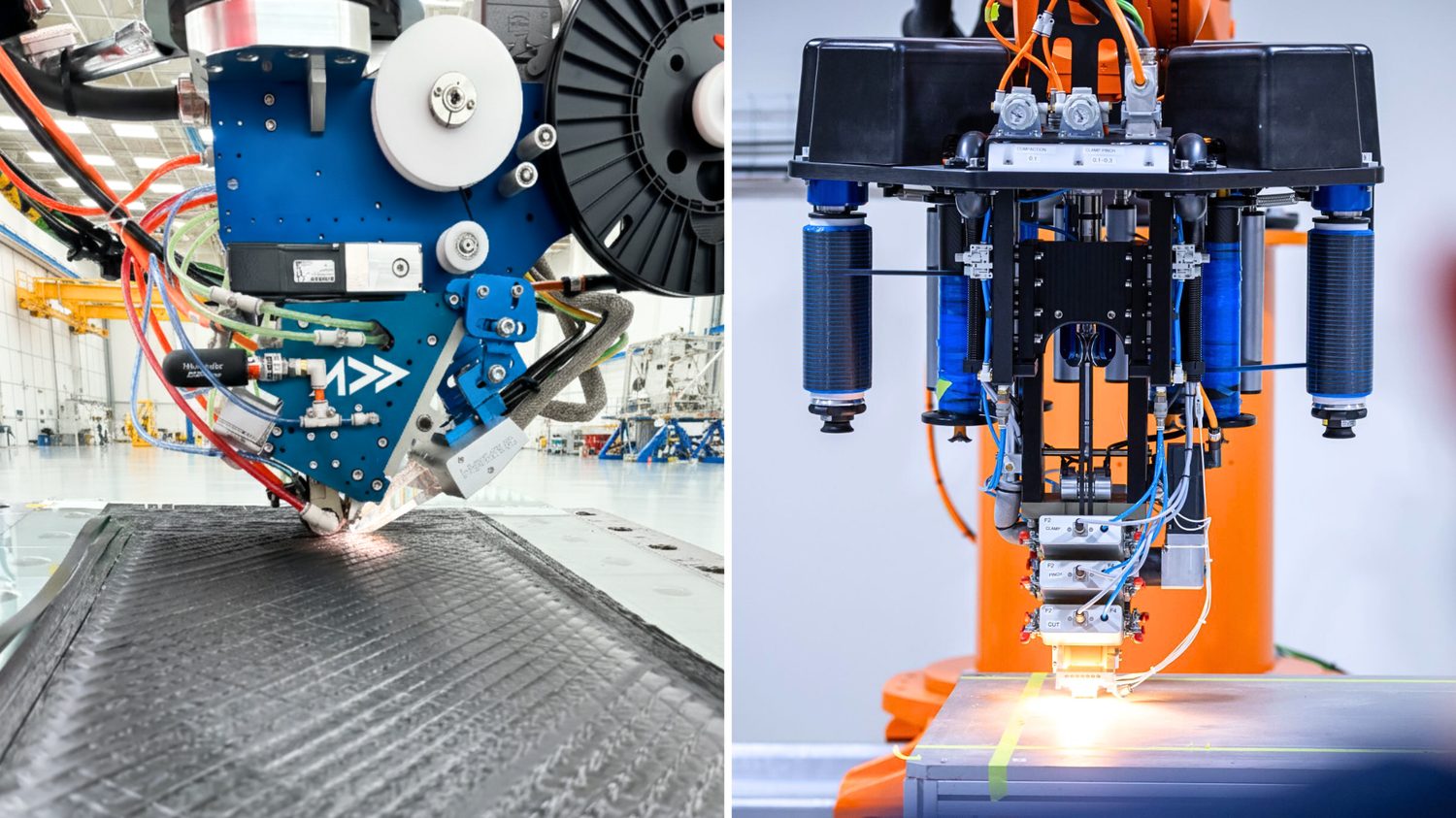 The AFP-XS and AFP-X heads depositing carbon fibre tow onto aerospace panel tooling. In-situ heating and compaction at the nip point give ply-by-ply control over orientation and over where any conductive or protective layer lands in the stack.