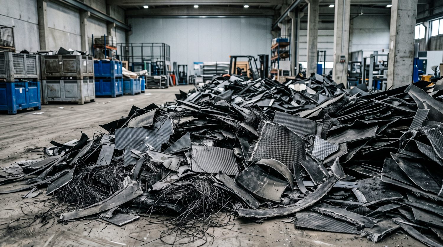 Industrial carbon fibre composite waste awaiting recycling.