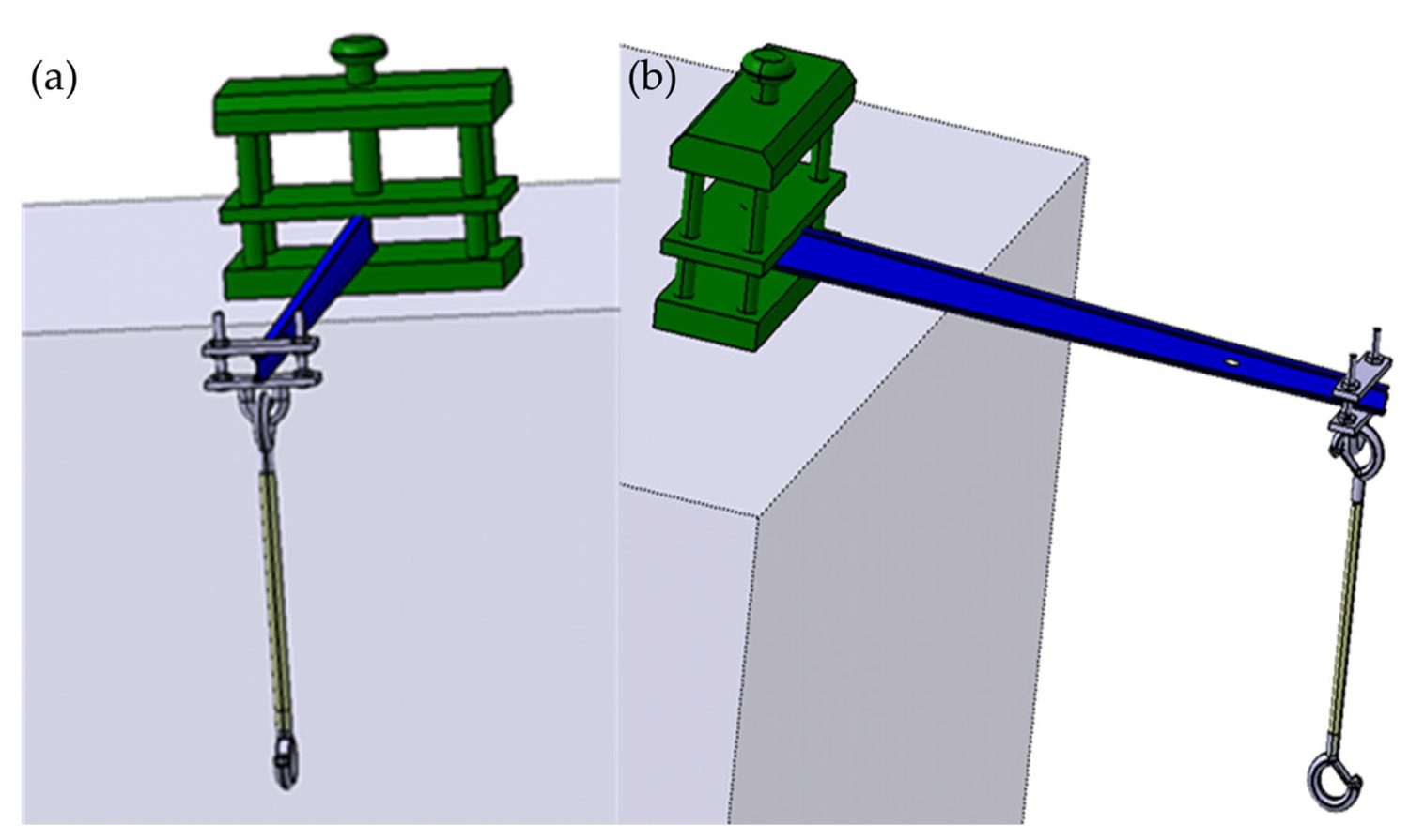 The purpose-built test support for the wing spar, shown in front view and side view.