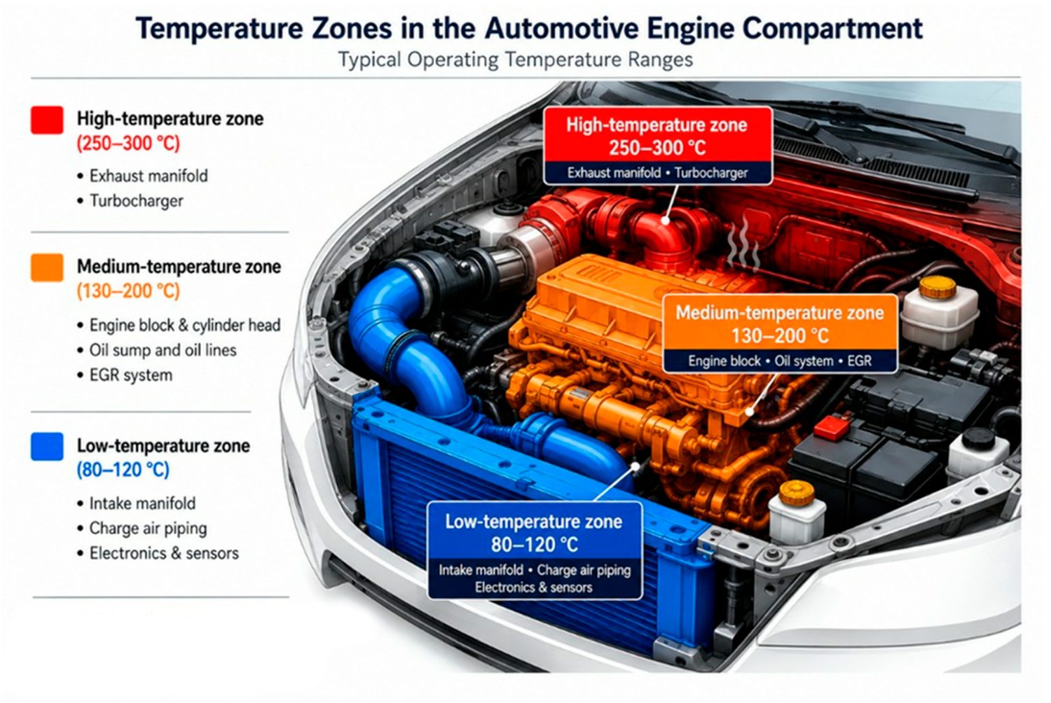 Cutaway of the engine compartment split into three thermal zones — low (80–120 °C): intake manifold, charge-air piping, electronics; medium (130–200 °C): engine block, oil system, EGR; high (250–300 °C): exhaust manifold, turbocharger — with the matrix Tg safety-margin rule for each.