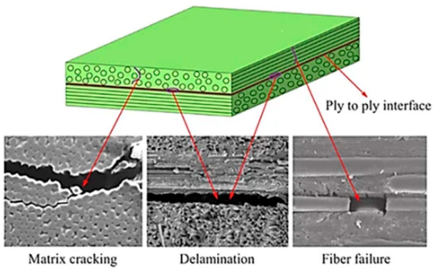 What CFRP failure actually looks like: SEM images of the three core damage modes — matrix cracking, interlaminar delamination, and fibre fracture — traced back to the ply-to-ply interface where the cascade begins.