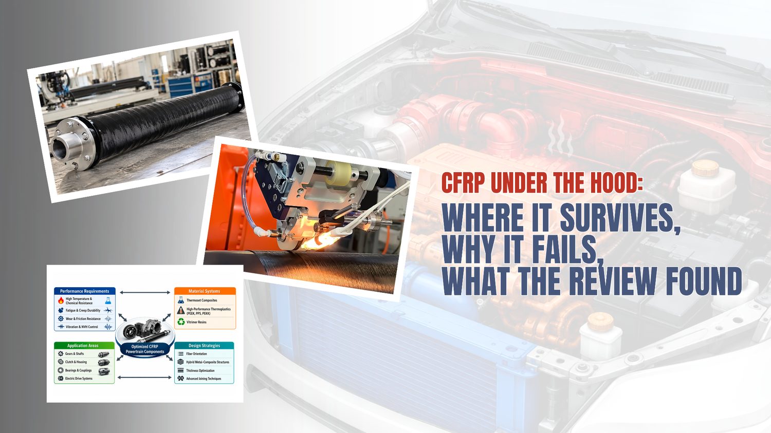 CFRP under the hood — an Addcomposites analysis of a 2026 Polymers review mapping where carbon fibre composites survive in automotive powertrain components: drive shafts, gears, and connecting rods.