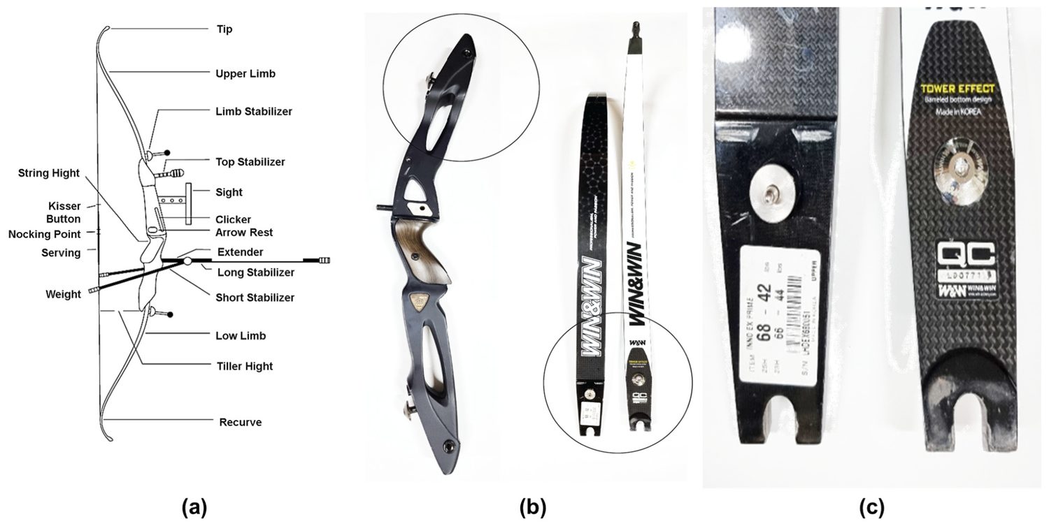 Every part of a recurve bow named and mapped out, shown next to photographs of real bow limbs and a carbon stabilizer.