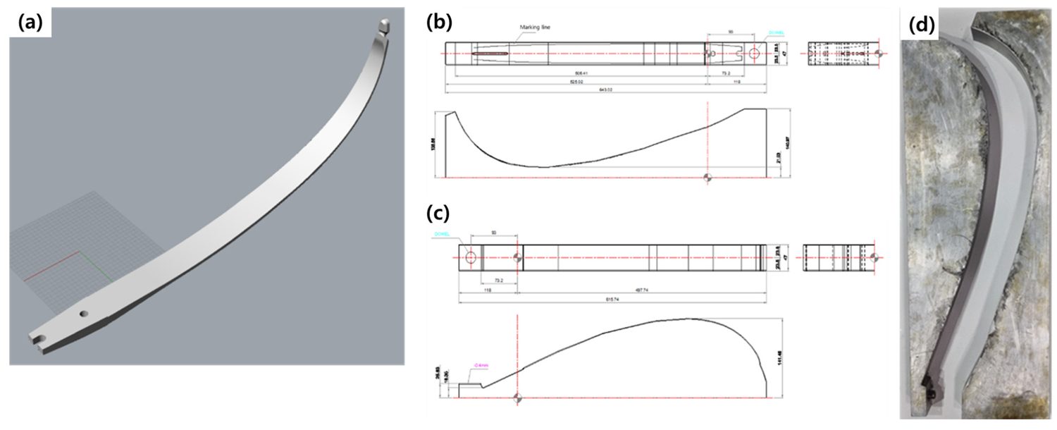 A 3D render of the finished limb, dimensioned CAD drawings of the upper and lower molds, and a photograph of the curved aluminium tooling the layup is cured against.